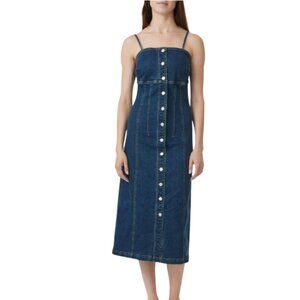 Button-Up Denim Square Neck Spaghetti Strap Midi Dress